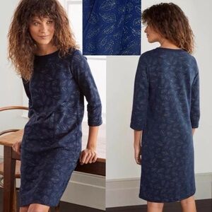 BODEN J0728 HANNAH NAVY SILVER METALLIC LEAF PULLOVER COTTON SWEATSHIRT DRESS